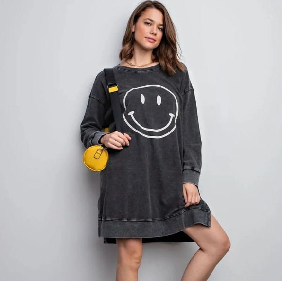 New! Easel Black Mineral Washed Terry Pullover Long Sleeve Smile Face Dr… - Picture 5 of 5